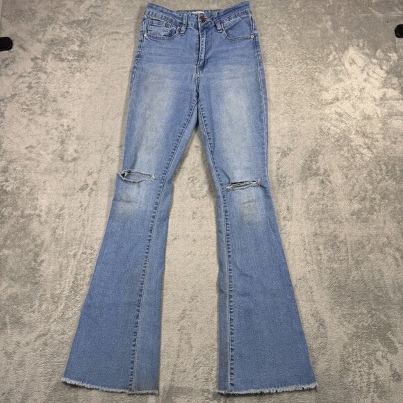 Y2K Light Wash Flare Denim Jeans Womens Mid-Rise Distressed Grunge Preppy Frayed - Picture 4 of 9